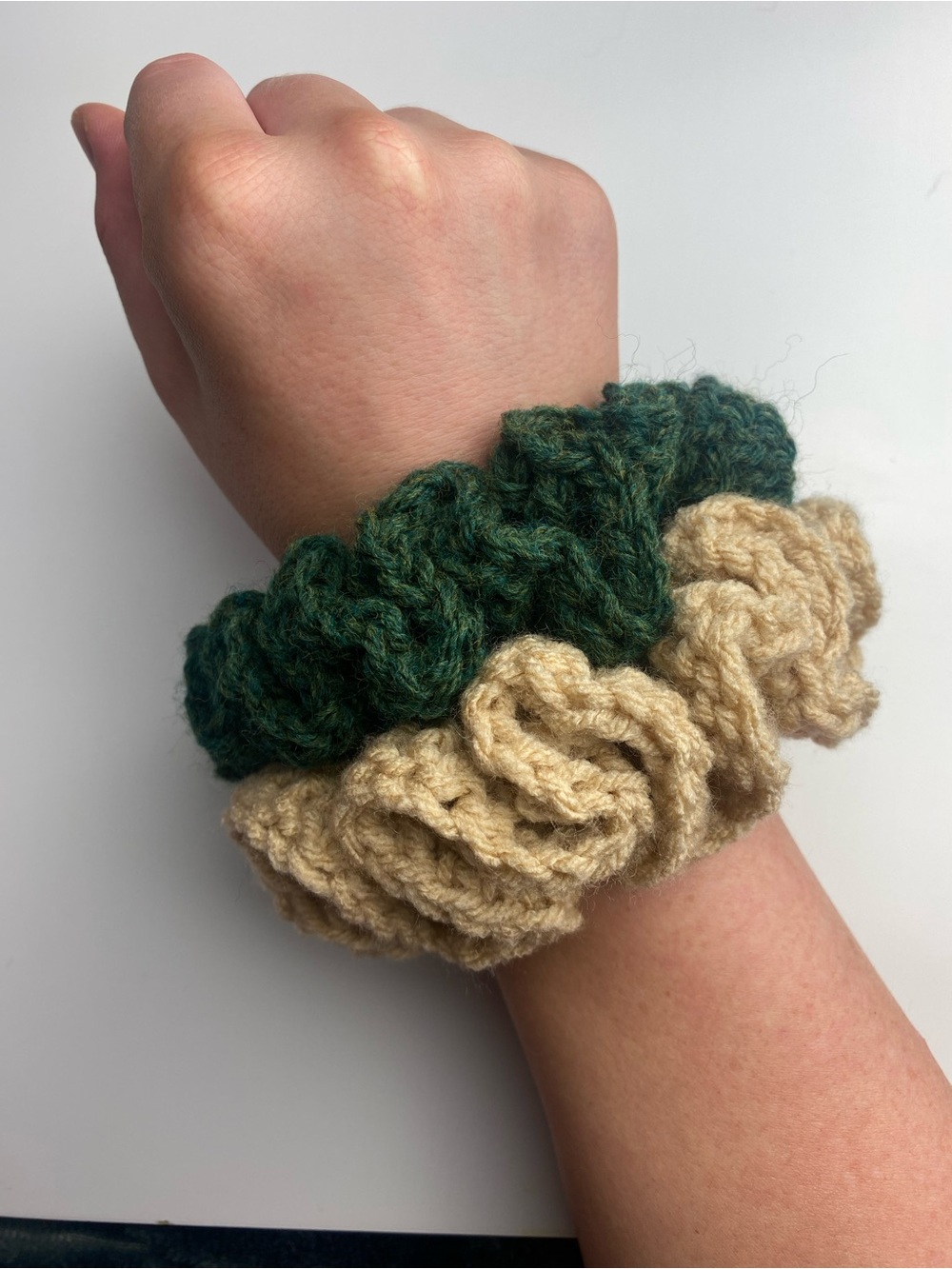 Handmade Green and Cream Knit Scrunchie Set